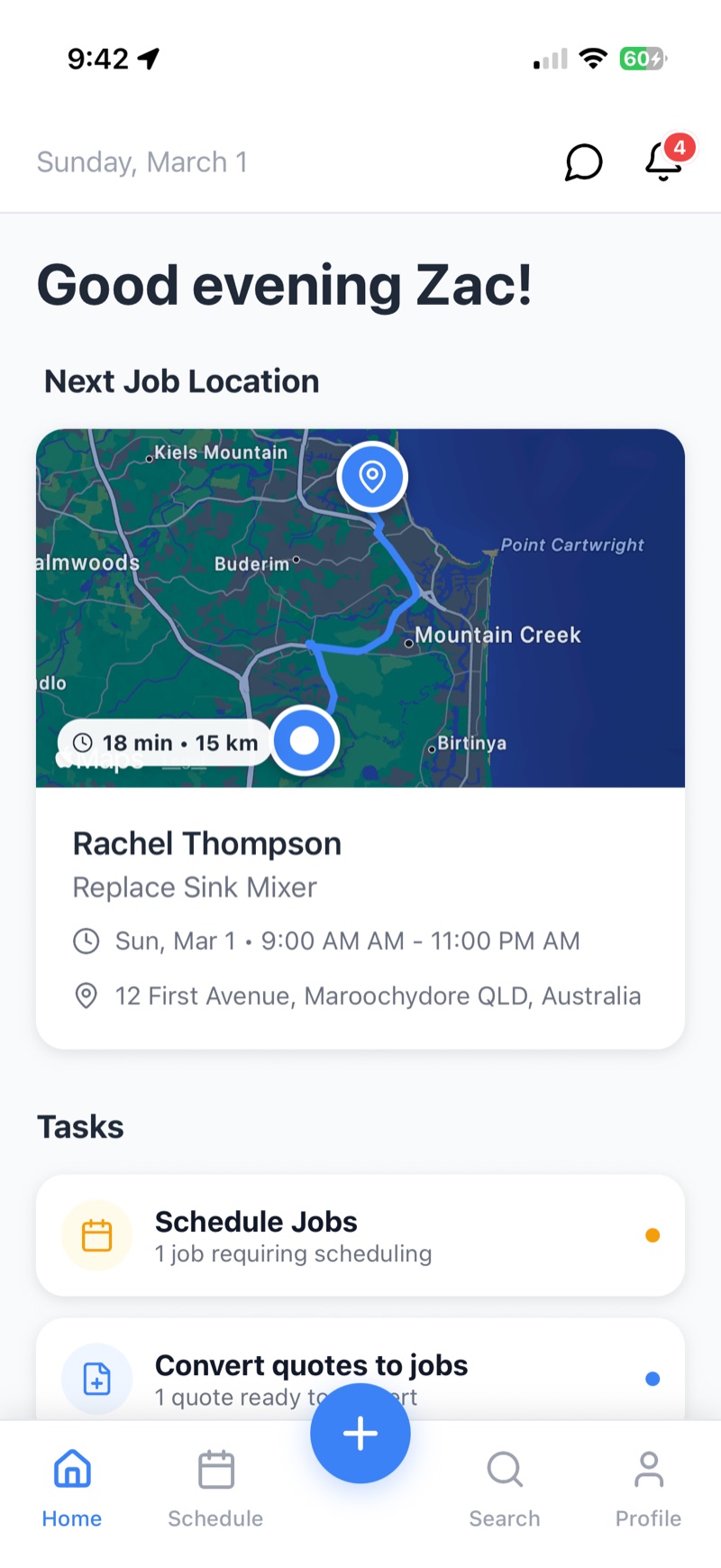 Jobbit home screen showing the next job, route and tasks